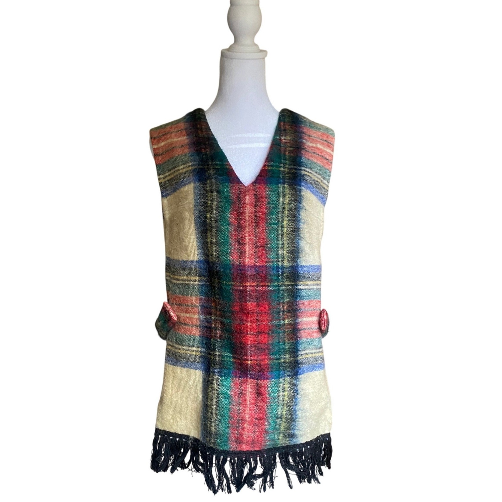 Vintage Glenrannoch Mohair Wool Plaid Red Tabard Vest Fringe Scotland Heritage